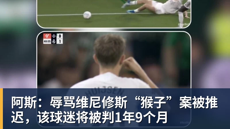 阿斯：辱骂维尼修斯“猴子”案被推迟，该球迷将被判1年9个月